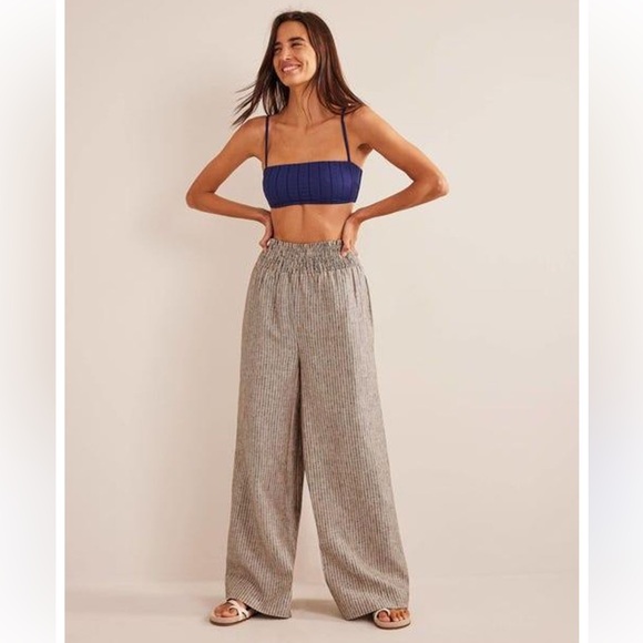 Boden Women's Tan Lurex Stripe Linen Shirred Waist Wide Leg Pants - Picture 6 of 6